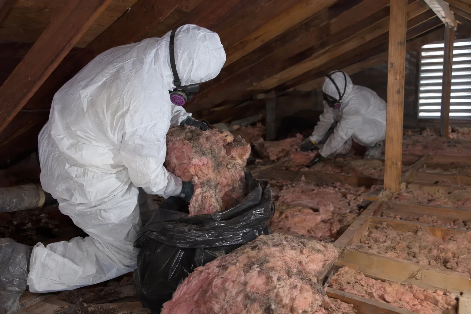 Two technicians in protective gear removing contaminated insulation from an attic