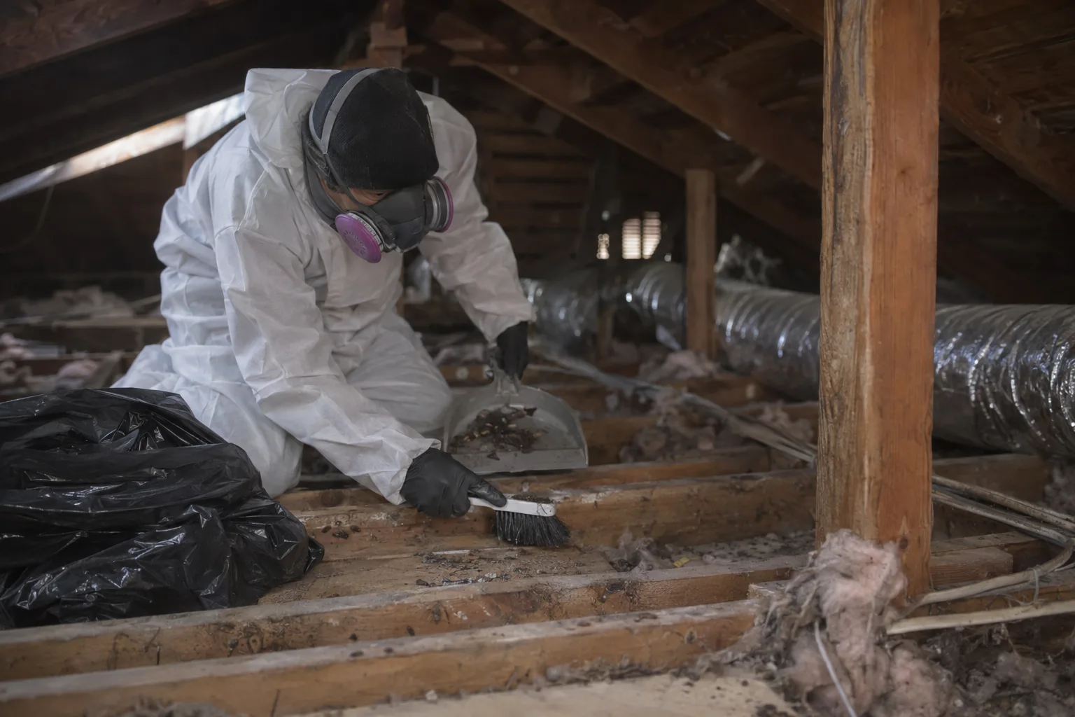 Technician cleaning rodent droppings from attic floor joists
