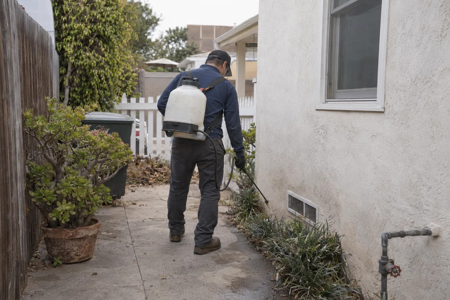 Technician checking the exterior perimeter of a home during a maintenance visit