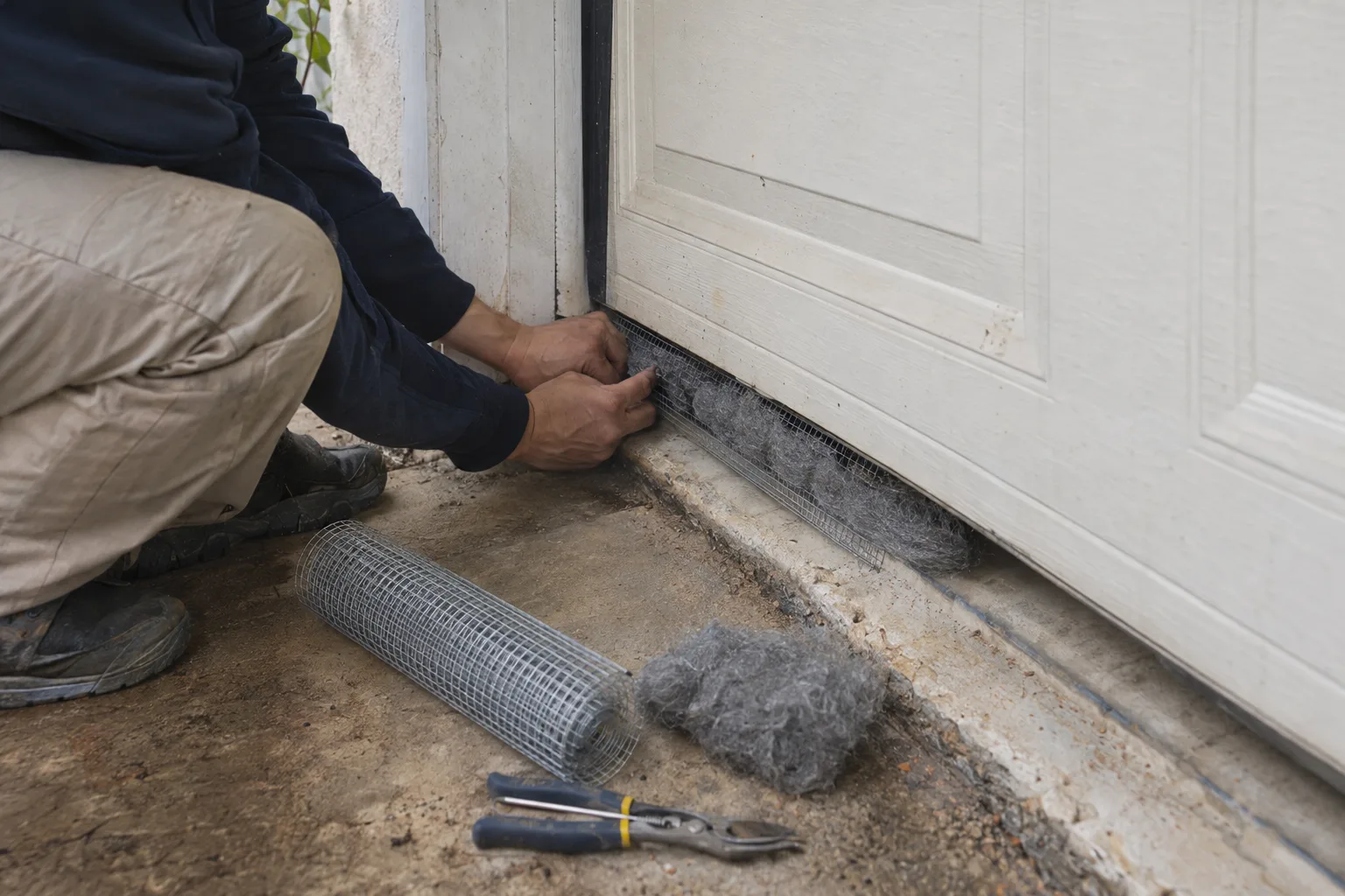 Technician installing wire mesh to proof a gap under a garage door frame