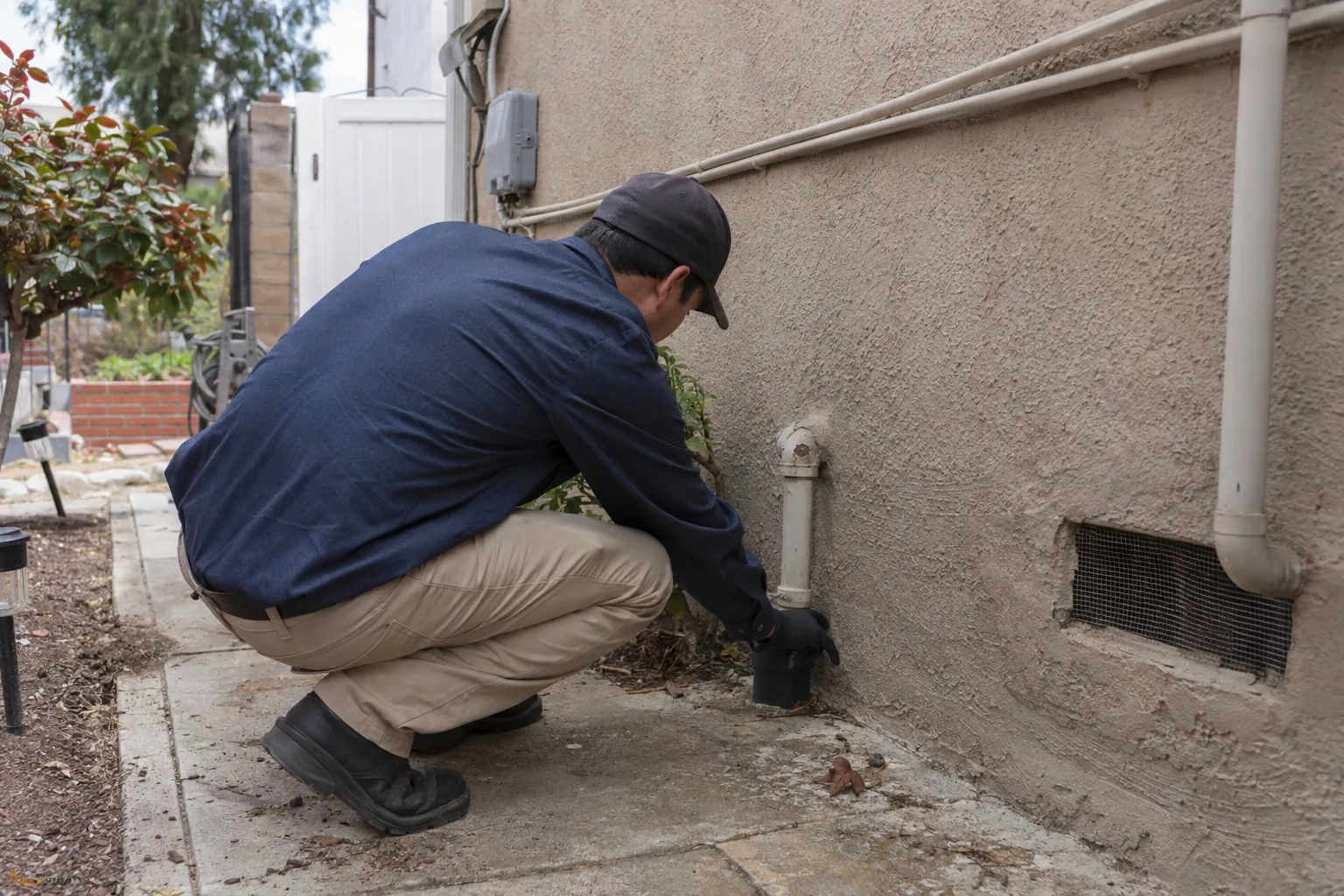 A pest control technician inspecting a gap near a pipe penetration at the base of a stucco wall