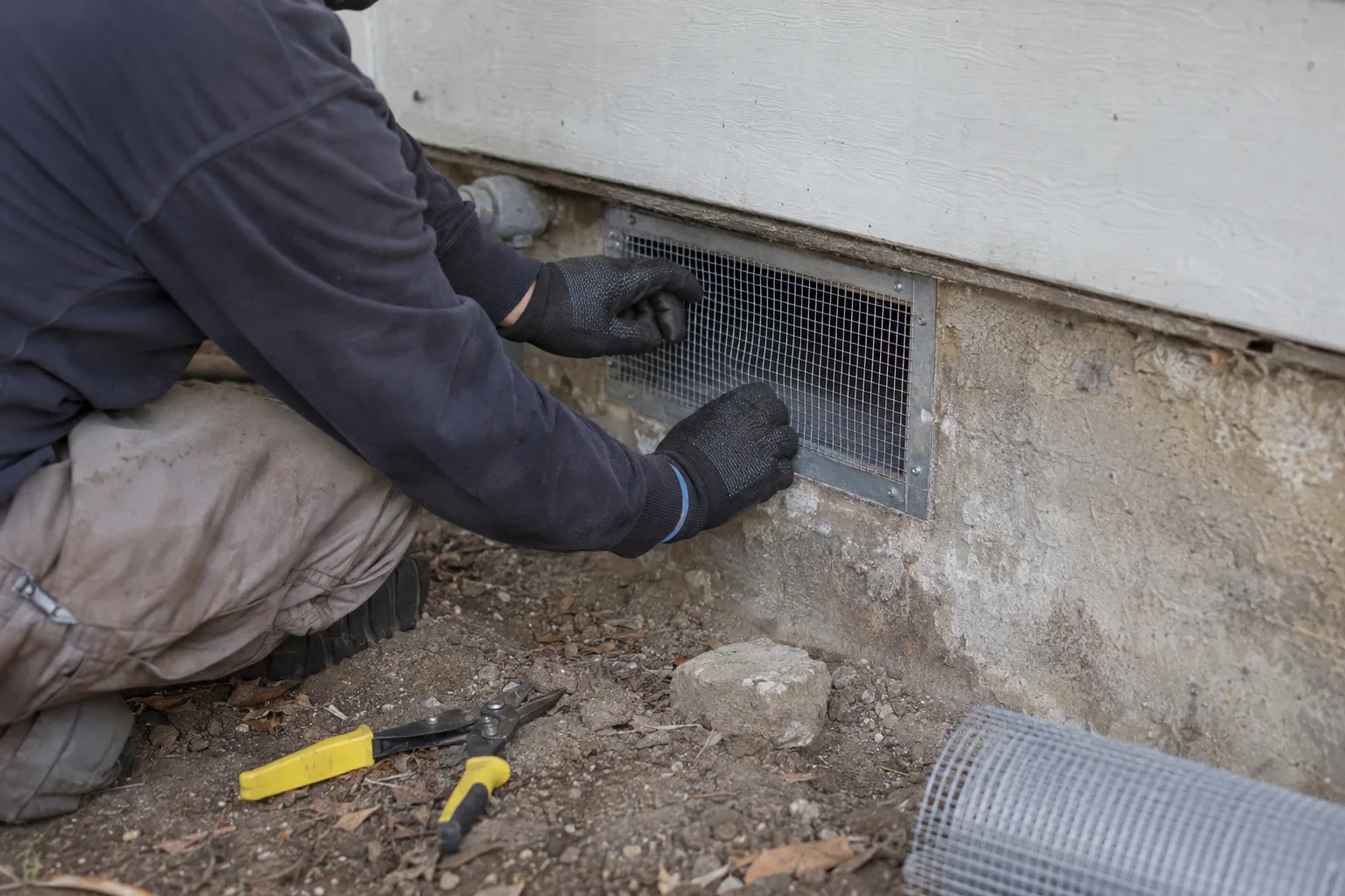 Technician sealing a foundation vent with wire mesh in a crawl space