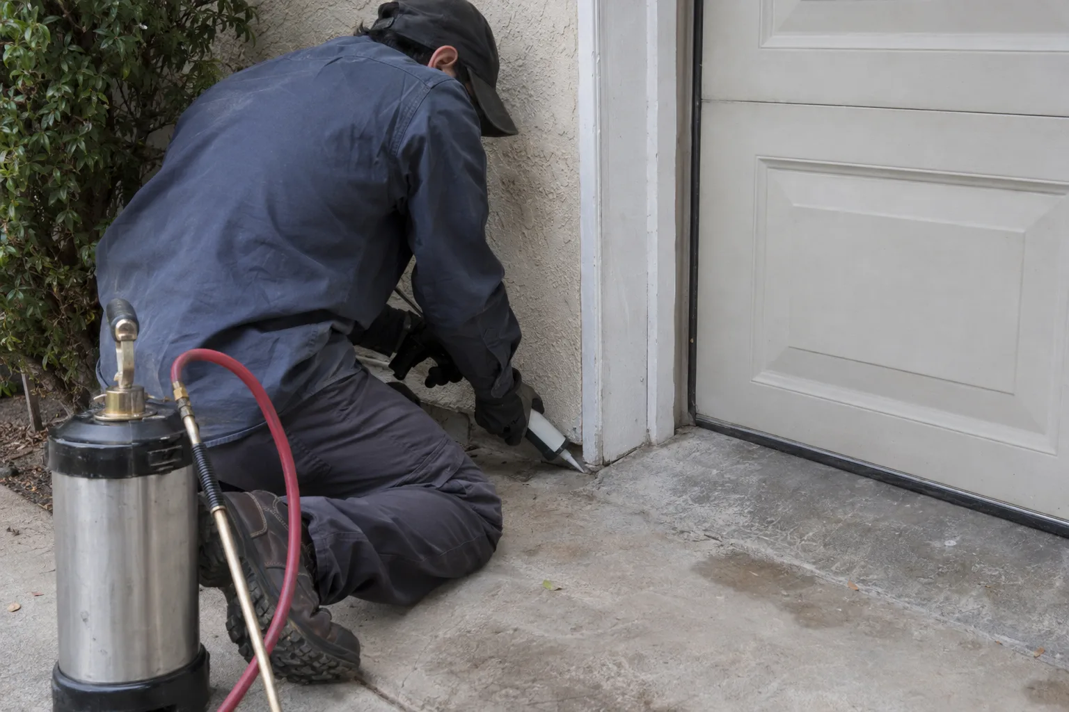 Technician sealing the bottom corner of a garage door frame