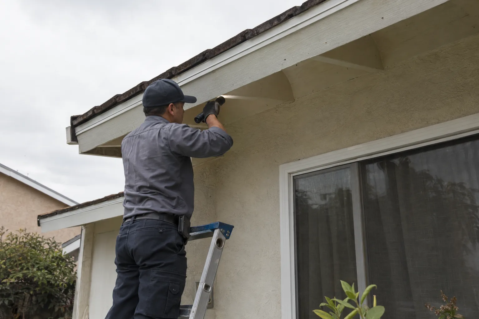 Technician examining the roofline and soffit of a home for rodent entry points