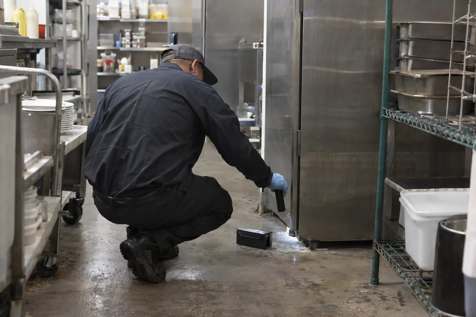 Technician inspecting the back-of-house area of a commercial kitchen